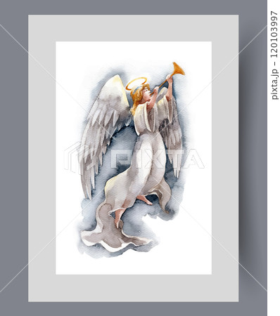 Angel with wings behind back flies in evening sky and plays trumpet on print. Watercolor artwork Angel with wings behind back flies in evening sky and plays trumpet on print. Watercolor artwork 120103997