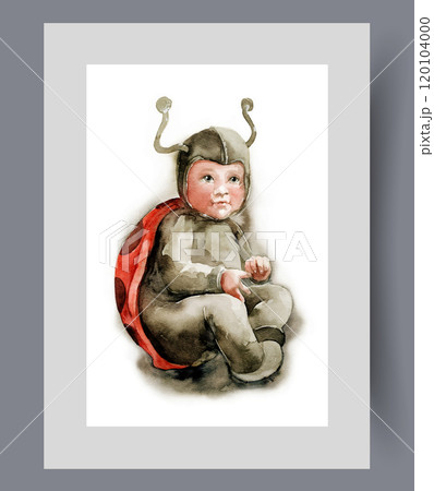 Baby in ladybug costume for masquerade for parents with children on wall art. Watercolor artwork 120104000