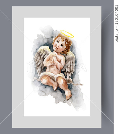 Baby angel with halo above head prays, flying in night sky on print. Watercolor artwork 120104003