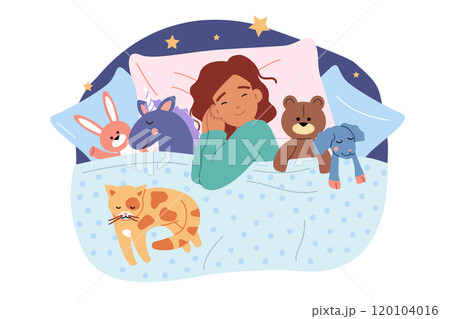 Little girl sleeps in bed among plush toys, and dreams while resting after day walk 120104016