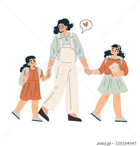 Young Woman with Daughter Holding Hands Walking to School Vector Illustration 120104047