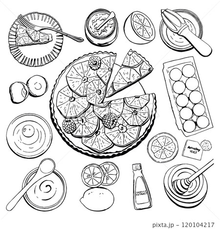 Citrus Tart and Ingredients for Dessert Recipe. Outline Vector Illustration Set 120104217