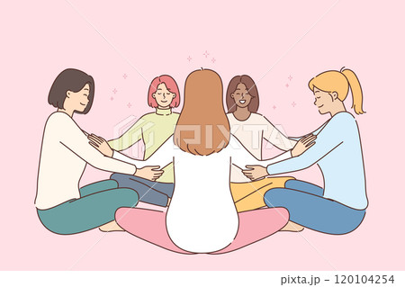 Group meditation of women sitting in circle in lotus position, during psychotherapy session Group meditation of women sitting in circle in lotus position, during psychotherapy session 120104254
