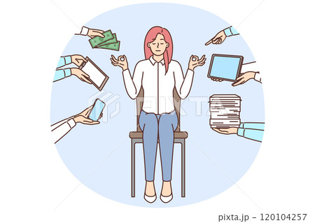 Calm businesswoman meditate distracted form office work Calm businesswoman meditate distracted form office work 120104257