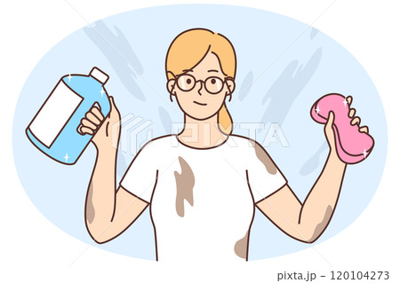 Woman with cleaning bottles dirty after housekeeping 120104273