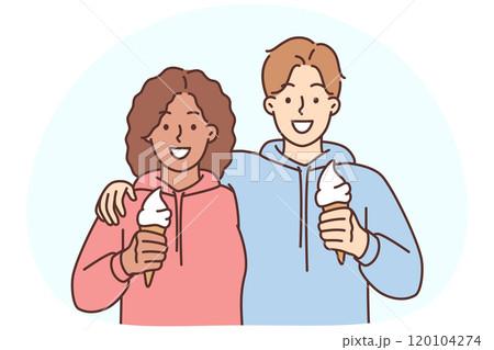 Smiling interracial couple hug eat ice cream 120104274