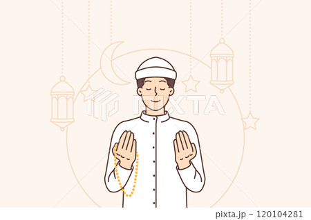 Muslim man prays to god and performs namaz, standing among islamic lanterns and crescents Muslim man prays to god and performs namaz, standing among islamic lanterns and crescents 120104281