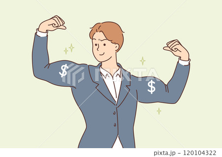 Rich business man shows big biceps with dollar symbols, and smiles, rejoicing at accumulated capital Rich business man shows big biceps with dollar symbols, and smiles, rejoicing at accumulated capital 120104322