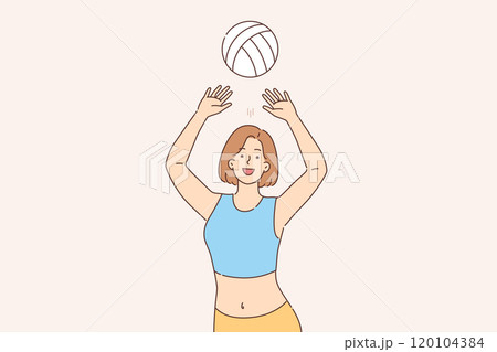 Woman plays volleyball, tossing ball to pass or score goal to opponent and win tournament 120104384