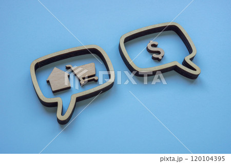 Speech bubbles with dollar sign and house. Concept of real estate purchase. 120104395