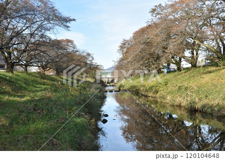 日本の福島の名所　藤田川ふれあい桜　秋の風景 120104648