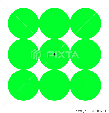 Green discs inducing a pink negative afterimage and optical illusion. Stare at the black dot for around 30 seconds. Look at a white wall or black screen. The discs appear in complementary color pink. Green discs inducing a pink negative afterimage and optical illusion. Stare at the black dot for around 30 seconds. Look at a white wall or black screen. The discs appear in complementary color pink. 120104731