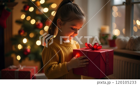small girl keeps christmas gift against festive background, generative ai small girl keeps christmas gift against festive background, generative ai 120105233