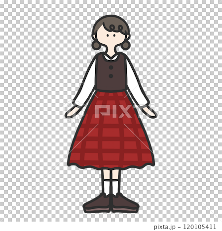 人物イラスト　赤いチェックスカートの女の子 120105411