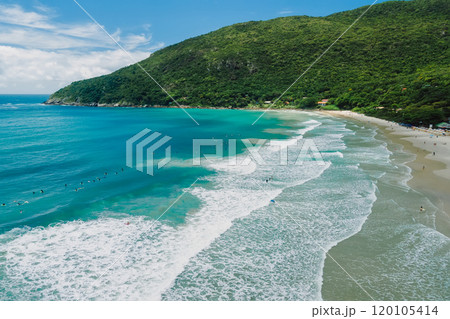 Scenic landscape of Matadeiro beach and turquoise ocean with waves. Aerial view Scenic landscape of Matadeiro beach and turquoise ocean with waves. Aerial view 120105414