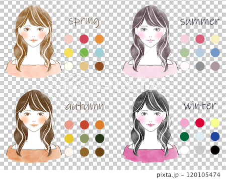 插圖與女性調色板的個人色彩 4 季節圖像 120105474