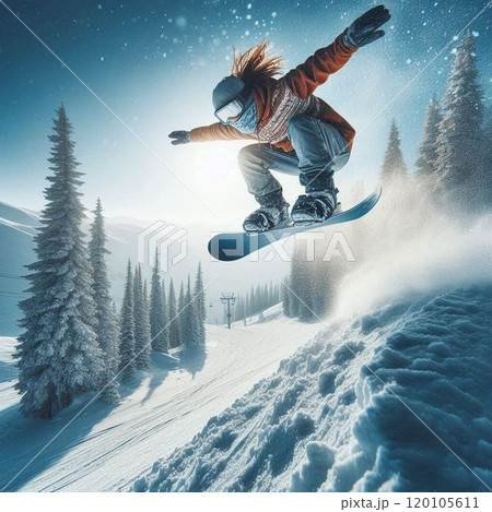 雪の中を飛ぶスノーボードの女性 120105611