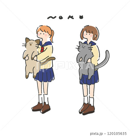 イラスト　ねこを抱っこした女の子 120105635