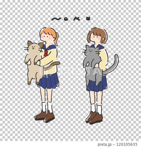 イラスト　ねこを抱っこした女の子 120105635