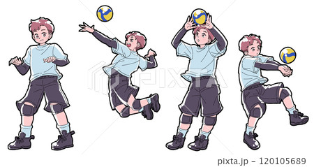 バレーボールをする男の子のイラストセット バレーボールをする男の子のイラストセット 120105689