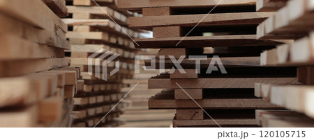 Industrial wooden pallets in stock. Stacking of wooden pallets. Concept of cargo transportation and shipping.Narrow banner. Industrial wooden pallets in stock. Stacking of wooden pallets. Concept of cargo transportation and shipping.Narrow banner. 120105715