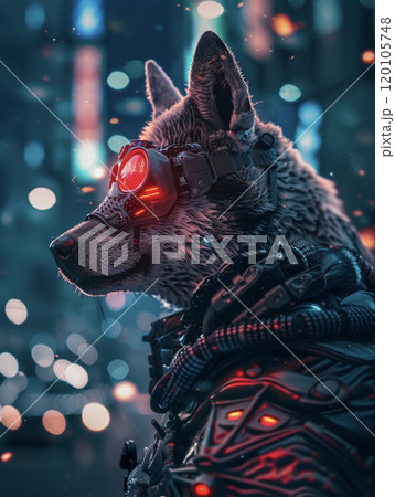 夜の繁華街を背景に立つサイバーパンク調の犬 AI画像 夜の繁華街を背景に立つサイバーパンク調の犬 AI画像 120105748