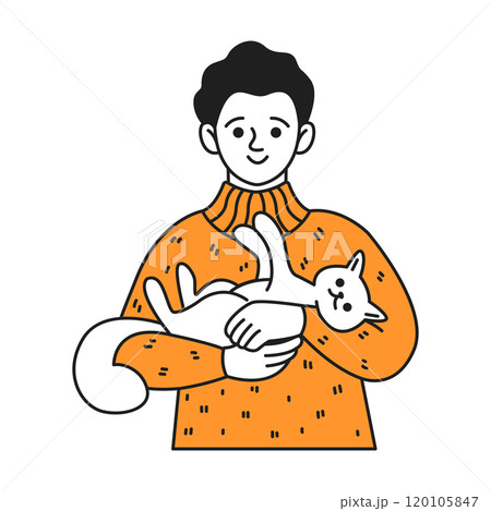 Man in orange sweater holds cute cat color linear icon Man in orange sweater holds cute cat color linear icon 120105847