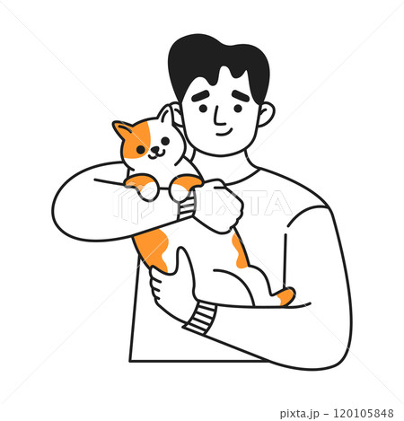 Happy young man tenderly holds beloved cat color linear icon Happy young man tenderly holds beloved cat color linear icon 120105848