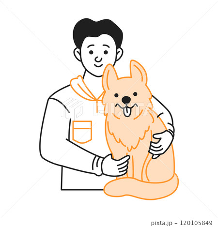 Young man tenderly hugs cute ginger dog color linear icon Young man tenderly hugs cute ginger dog color linear icon 120105849