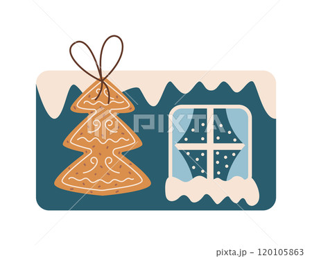 Card with snowy window and gingerbread flat vector object 120105863
