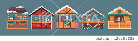 Vintage winter fair stalls flat color vector objects set 120105882