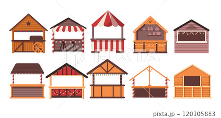 Festive winter fair wooden stalls color vector objects set Festive winter fair wooden stalls color vector objects set 120105883