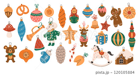 Cute Christmas tree ornaments flat color vector objects set Cute Christmas tree ornaments flat color vector objects set 120105884