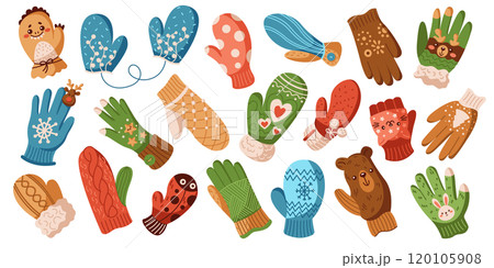Woolen mittens and gloves flat color vector objects set 120105908