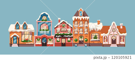 Dreamlike winter houses in winter flat vector illustration 120105921