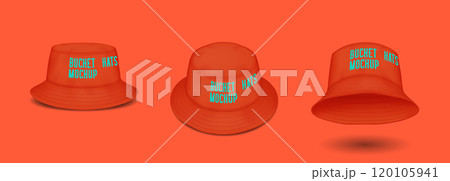 Red bucket hats mockup realistic vector illustration set 120105941
