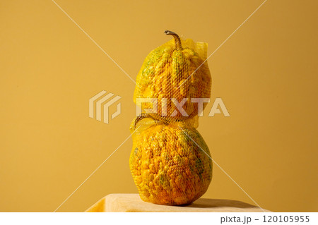 Pumpkin on a yellow background , creative concept . View with copy space Pumpkin on a yellow background , creative concept . View with copy space 120105955