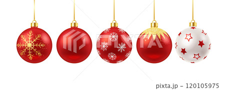 Shiny New Year balls with golden decor realistic color icons 120105975