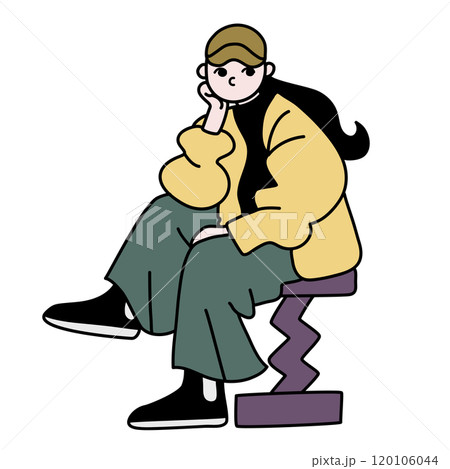 考え事をする女性のベクター線画 考え事をする女性のベクター線画 120106044