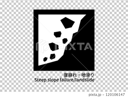 崖崩れ・地滑りの防災標識 モノクロピクトグラム注意サインイラスト 120106147