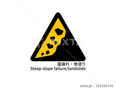 崖崩れ・地滑りの注意マーク 黄色と黒の防災標識ピクトグラムイラスト 120106148