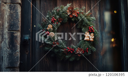 Traditional alsace holiday wreath with evergreen and festive decorations for christmas home decor 120106395