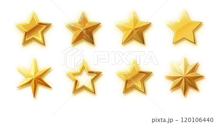 Vector stars set of realistic metallic golden stars isolated on white background. Glossy yellow 3D trophy star icon. Vector stars set of realistic metallic golden stars isolated on white background. Glossy yellow 3D trophy star icon. 120106440