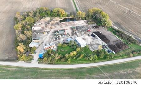 Recycling station compost waste composting, dump leaf mold drop-off depot drone aerial garden waste recycle dumpsters modern public transfer, agricultural technology, construction Europe 120106546