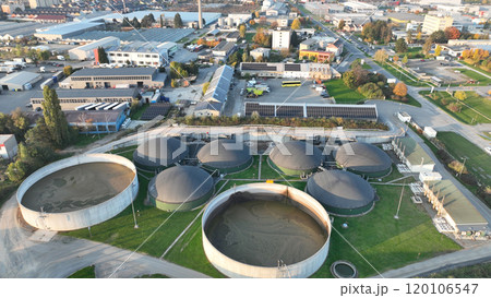 Bio gas station factory plant modern aerial drone view, ecological biomass energy production round roofs biofuel large distribution technological complex, technology distillation pollution, Europe Bio gas station factory plant modern aerial drone view, ecological biomass energy production round roofs biofuel large distribution technological complex, technology distillation pollution, Europe 120106547