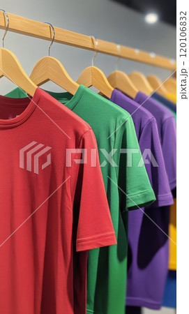 Colorful shirts and shorts displayed on a wooden rack under sunlight in a serene outdoor setting 120106832