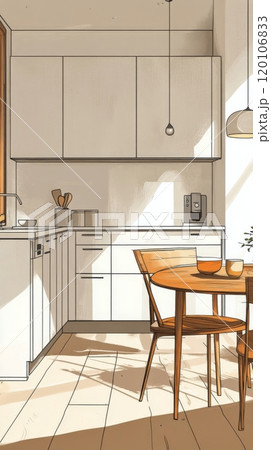 Bright and airy kitchen interior with wooden table and natural light in modern design 120106833