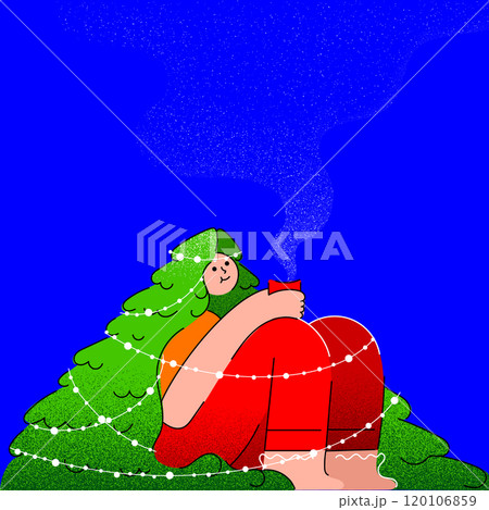 Cozy character dressed in tree-like attire, holding warm drink, evoking winter comfort and festive relaxation. Creative colorful illustration. Cozy character dressed in tree-like attire, holding warm drink, evoking winter comfort and festive relaxation. Creative colorful illustration. 120106859