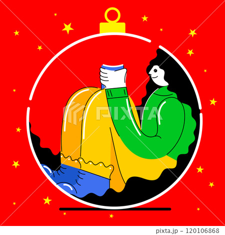 Female character inside Christmas ornament, sitting with hot drink. Festive spirit of holiday season. Creative colorful illustration. Female character inside Christmas ornament, sitting with hot drink. Festive spirit of holiday season. Creative colorful illustration. 120106868