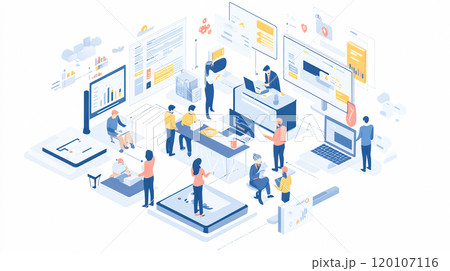 アイソメトリック、オンラインミーティングで会話をするビジネスマンのイラスト 120107116